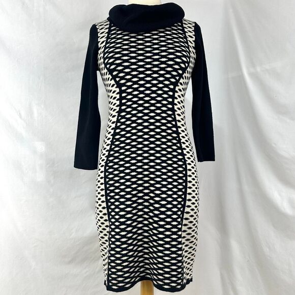SANDRA DARREN Black Cream Polka Dot Long Sleeve Sweater Dress Women S Turtleneck - Picture 1 of 6